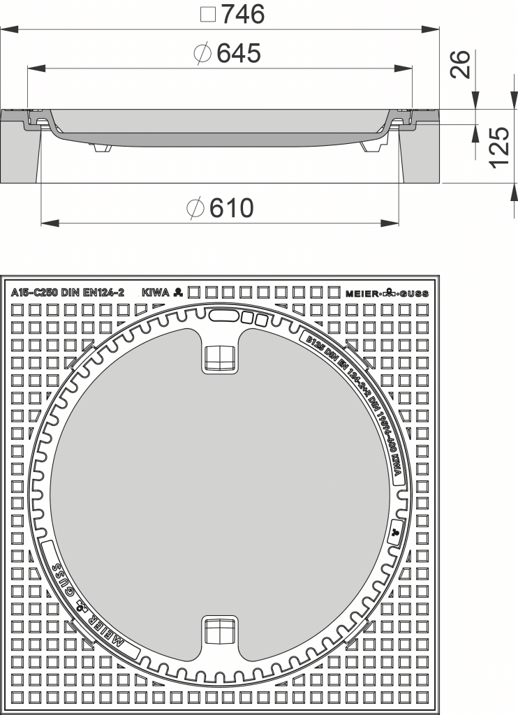 MG 102060 Schachtabd. 600mm Begu Kl.B125 Quadr. Rahmen Begu,Deckel Begu oB DIN EN 124 
