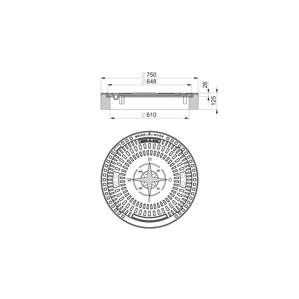 MG 102045WR Schachtabd.Kl. B125 rund o.Ventilation Sondermotiv Windrose, Rahmen Begu Deckel Guss 